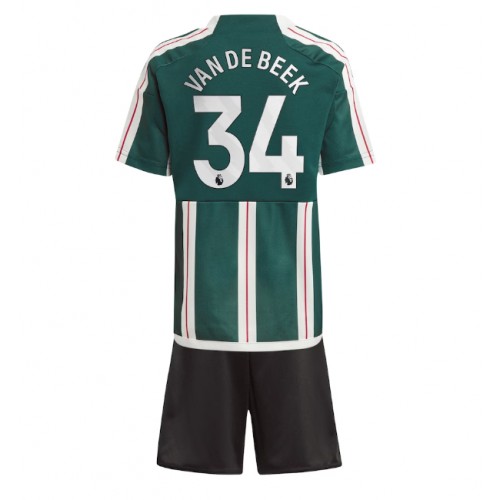 Otroški Nogometni dresi Manchester United Donny van de Beek #34 Gostujoči 2023-24 Kratek Rokav (+ Kratke hlače)